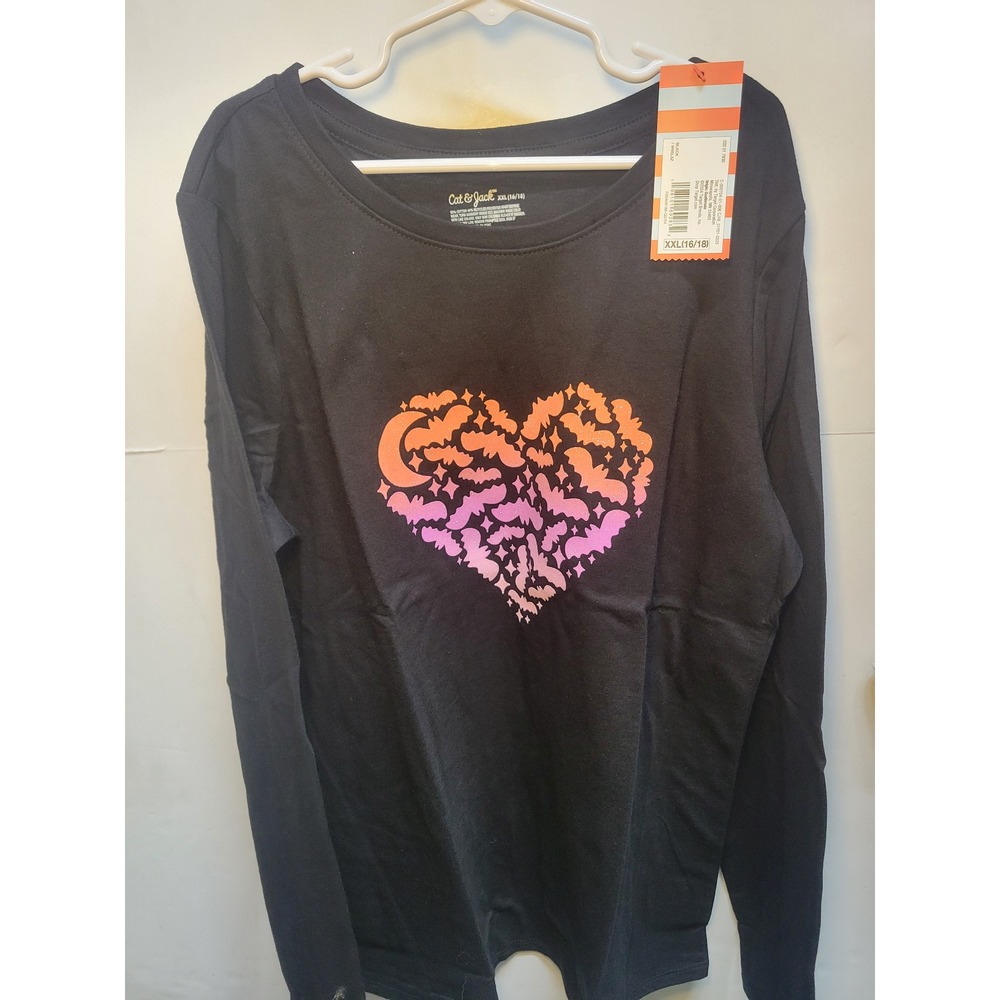 Cat & Jack Girls XXL Halloween Black Long Sleeve Heart Bat Graphic T Shirt